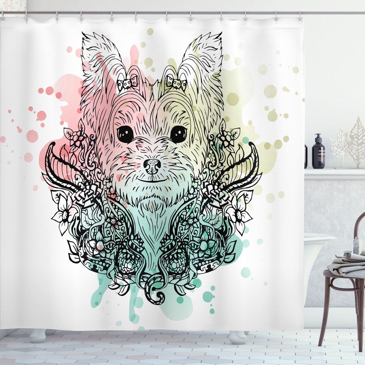 Ambesonne Yorkie Shower Curtain, Sketch of a Yorkshire Terrier on a Bed of Flowers Black and White Drawing Art, Cloth Fabric Bathroom Decor Set with Hooks, 69" W x 70" L, Charcoal White